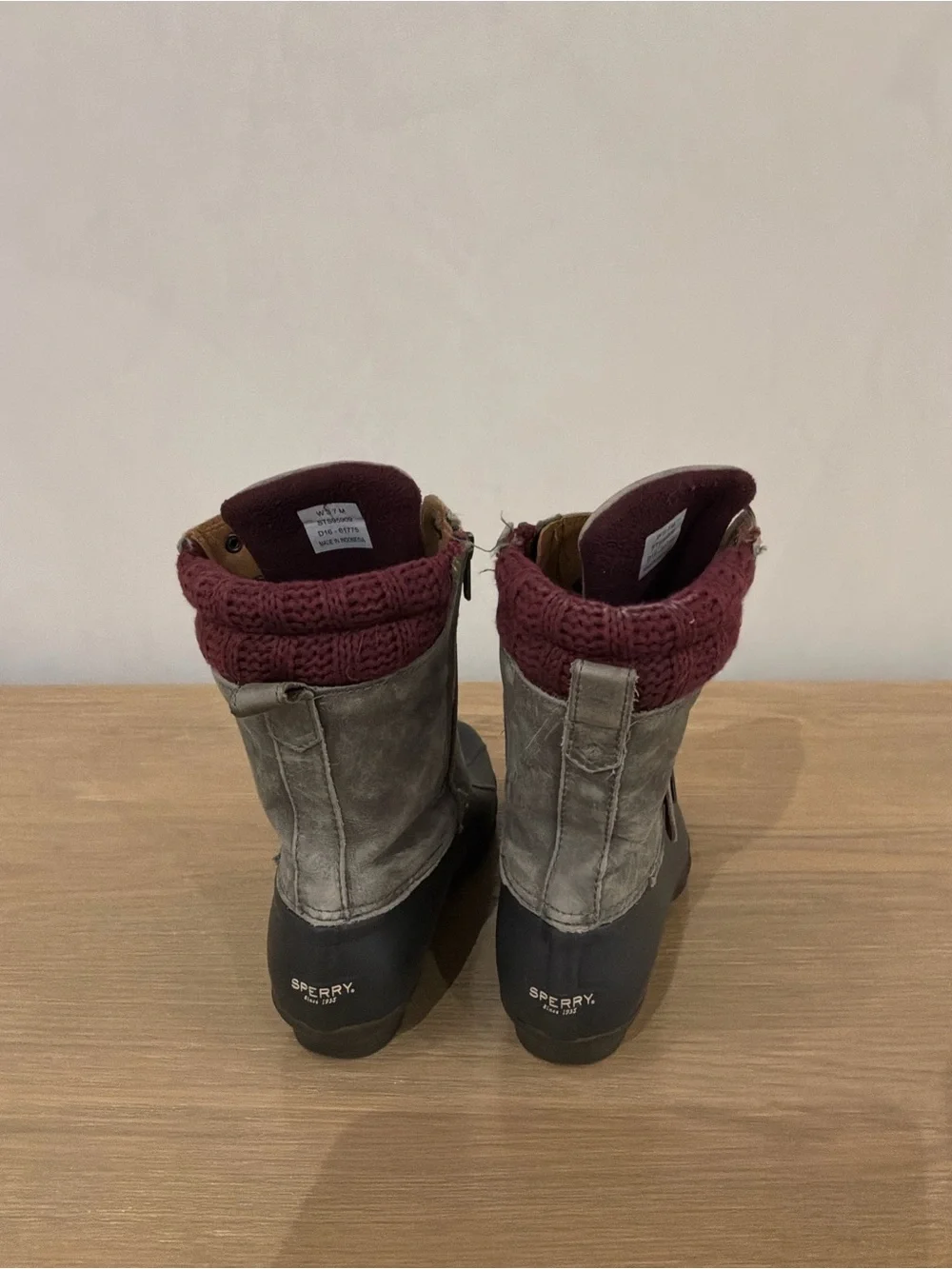 Sperry Gray Suede & Black Rubber Duck Boots with Burgundy Knit Cuff
